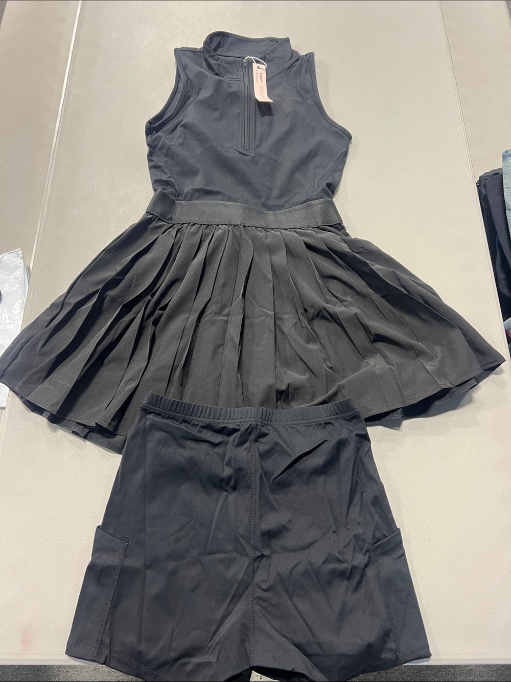Girls Black Sleeveless Pleated Active Dress with Built-In Shorts